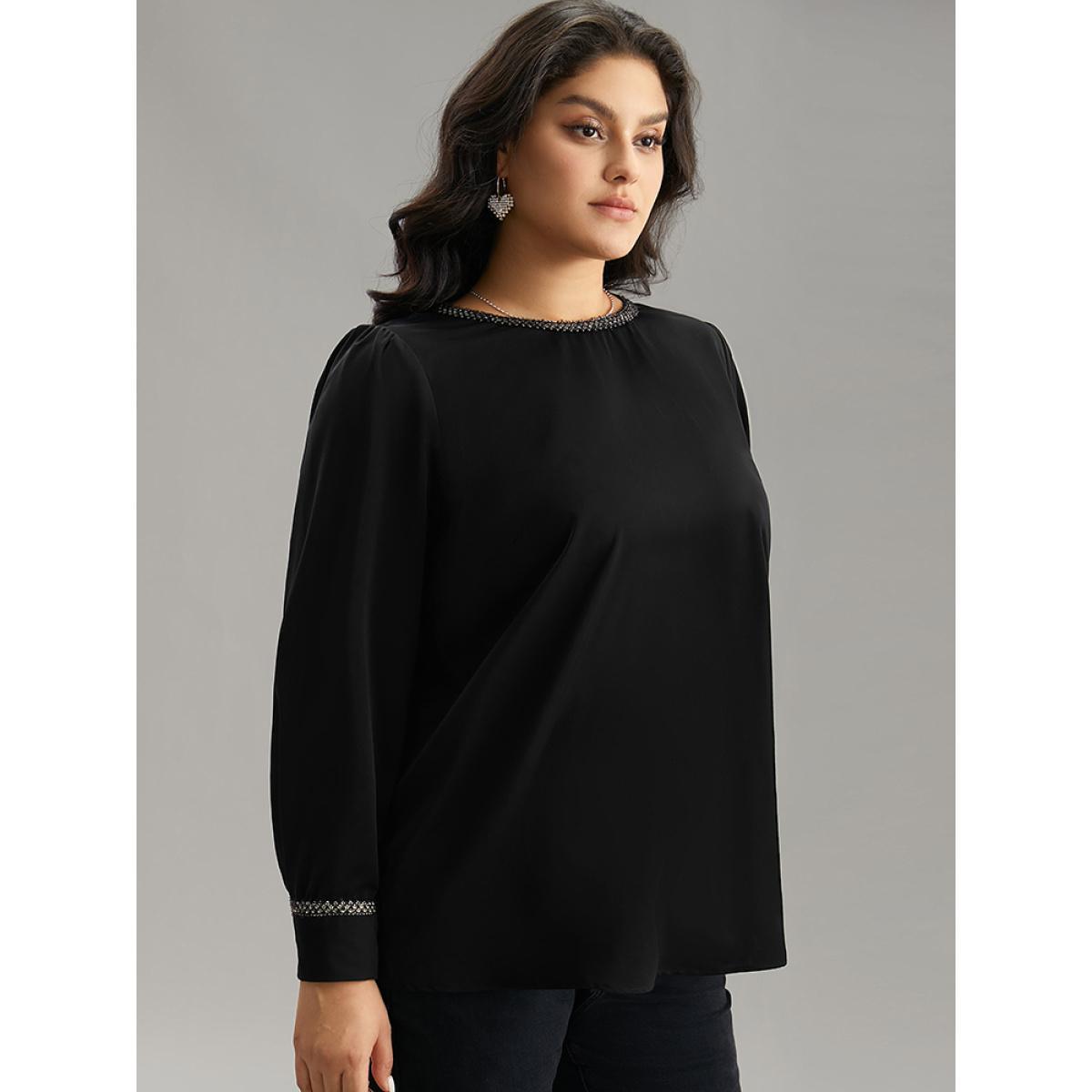 Plus Size Black Plain Contrast Webbing Crew Neck Blouse Women Office Long Sleeve Round Neck Work Blouses BloomChic 18-20/2X Product Image