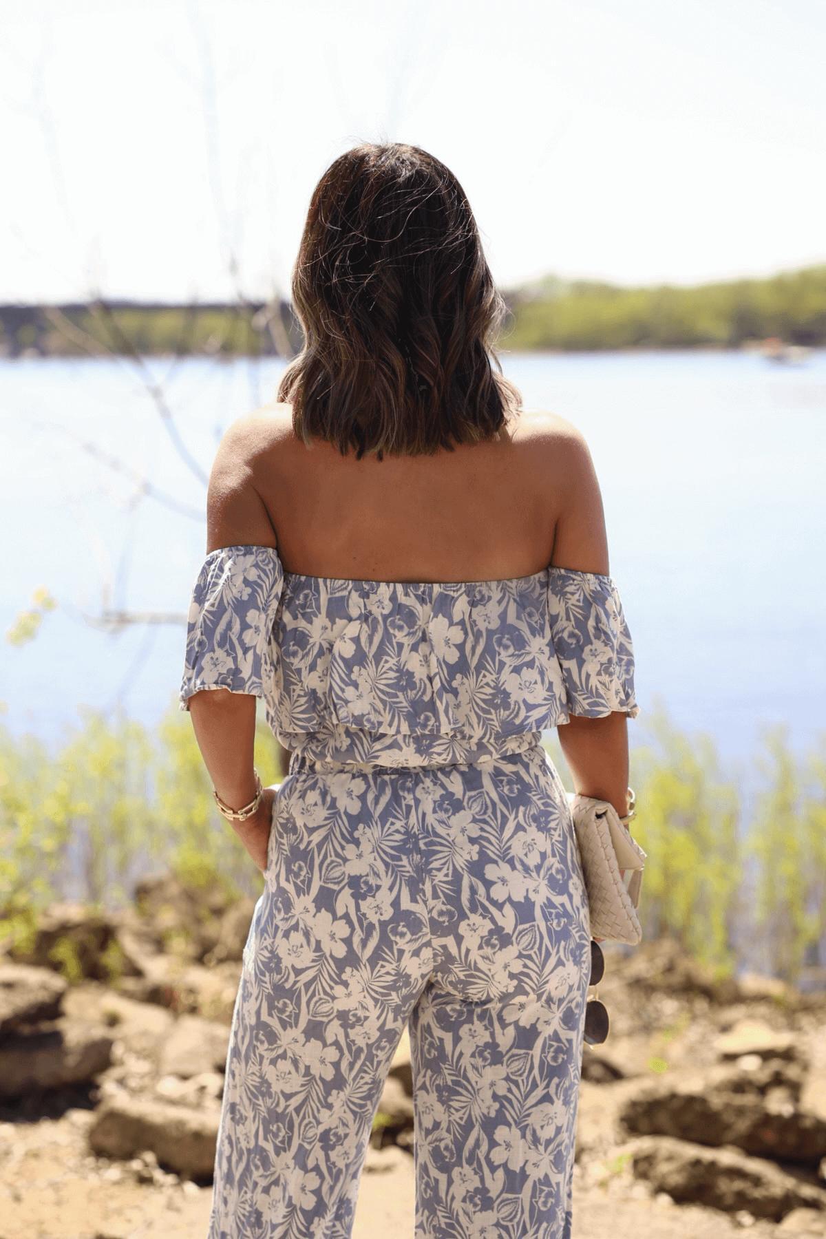 Blue Floral Print Off The Shoulder Linen Top - FINAL SALE Product Image