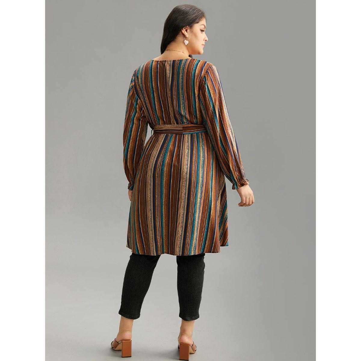 Plus Size Multicolor Striped Overlap Collar Arc Hem Belted Blouse Women Vacation Long Sleeve Overlap Collar Vacation Blouses BloomChic 14-16/1X Product Image