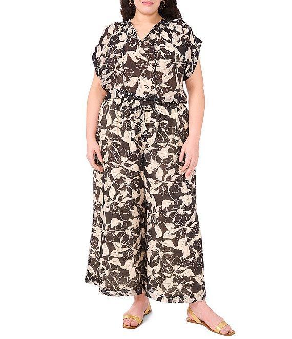Vince Camuto Plus Flutter Sleeve Tie Front Split Round Neckline Printed Blouse Product Image