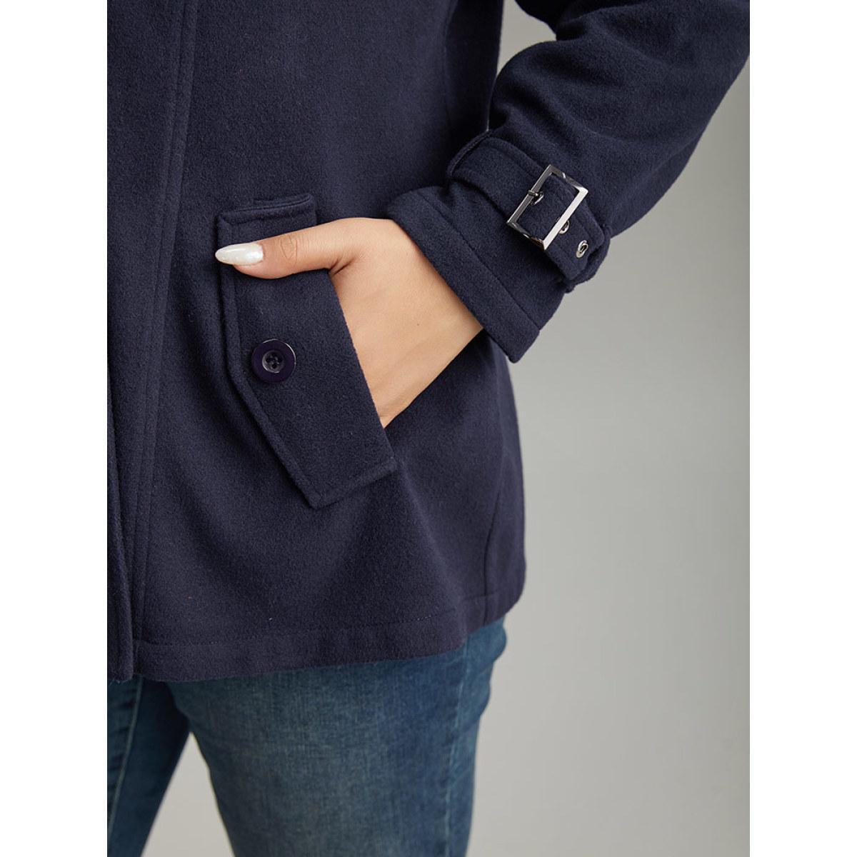 Plus Size Solid Buckle Detail Cuffs Lapel Collar Coat Women Midnight Casual Plain Ladies Everyday Winter Coats BloomChic 12/L Product Image
