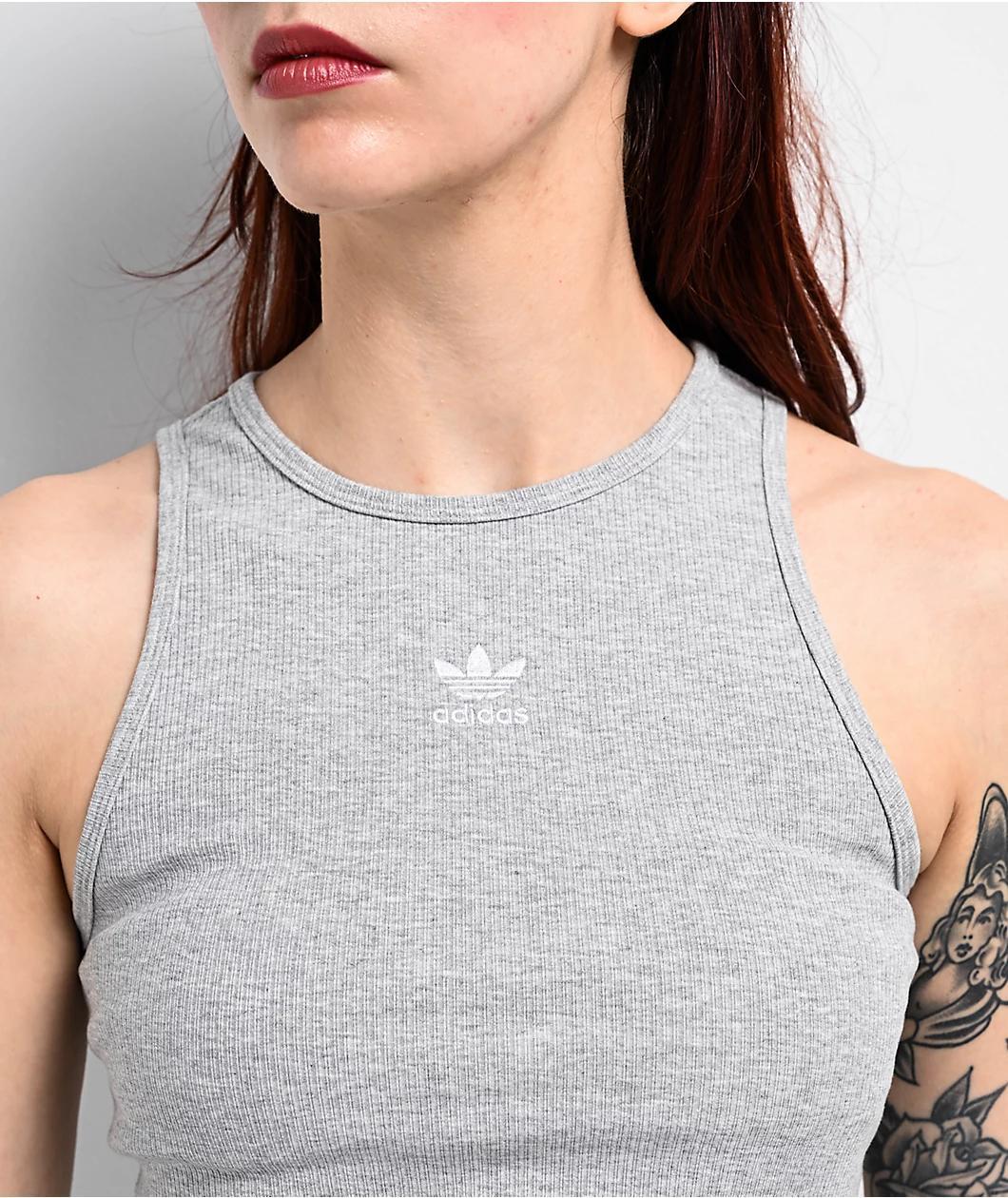 adidas Essentials Ribbed Heather Grey Crop Tank Top Product Image