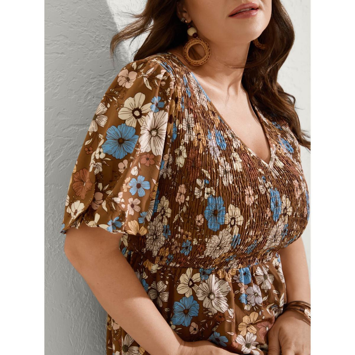 Plus Size Fall Florals Shirred Bodice Midi Dress Yellowishbrown Women V-neck Short sleeve Curvy BloomChic 28/5X Product Image
