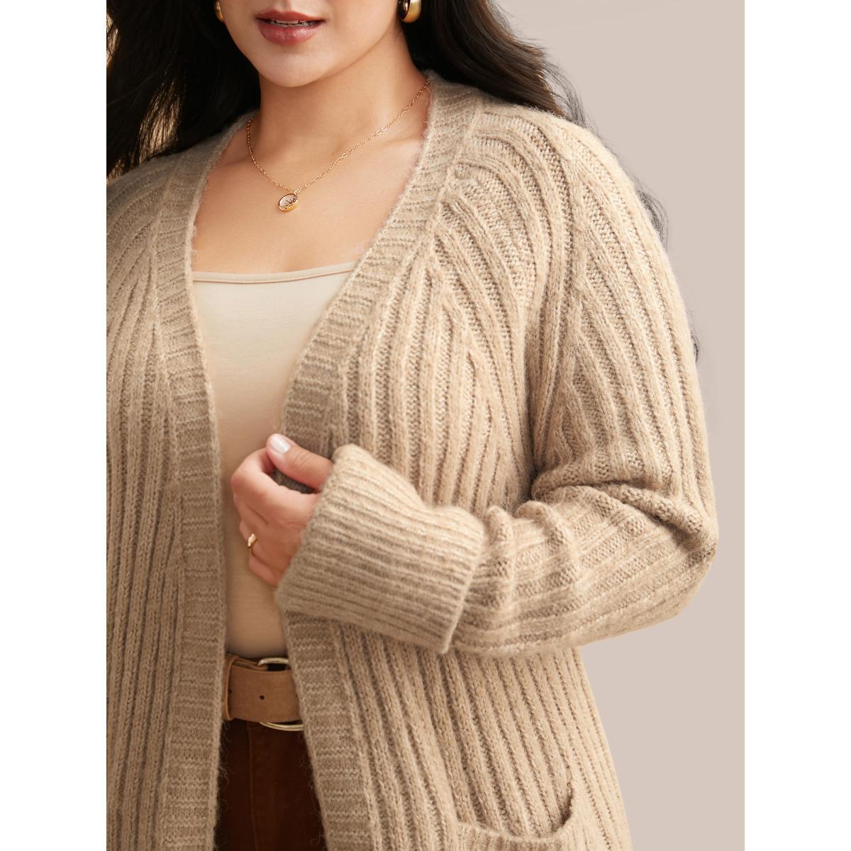 Plus Size Airy Cozy Solid Raglan Sleeve Wool Cardigan LightBrown Women Casual Loose Long Sleeve Everyday Cardigans BloomChic 26/4X Product Image