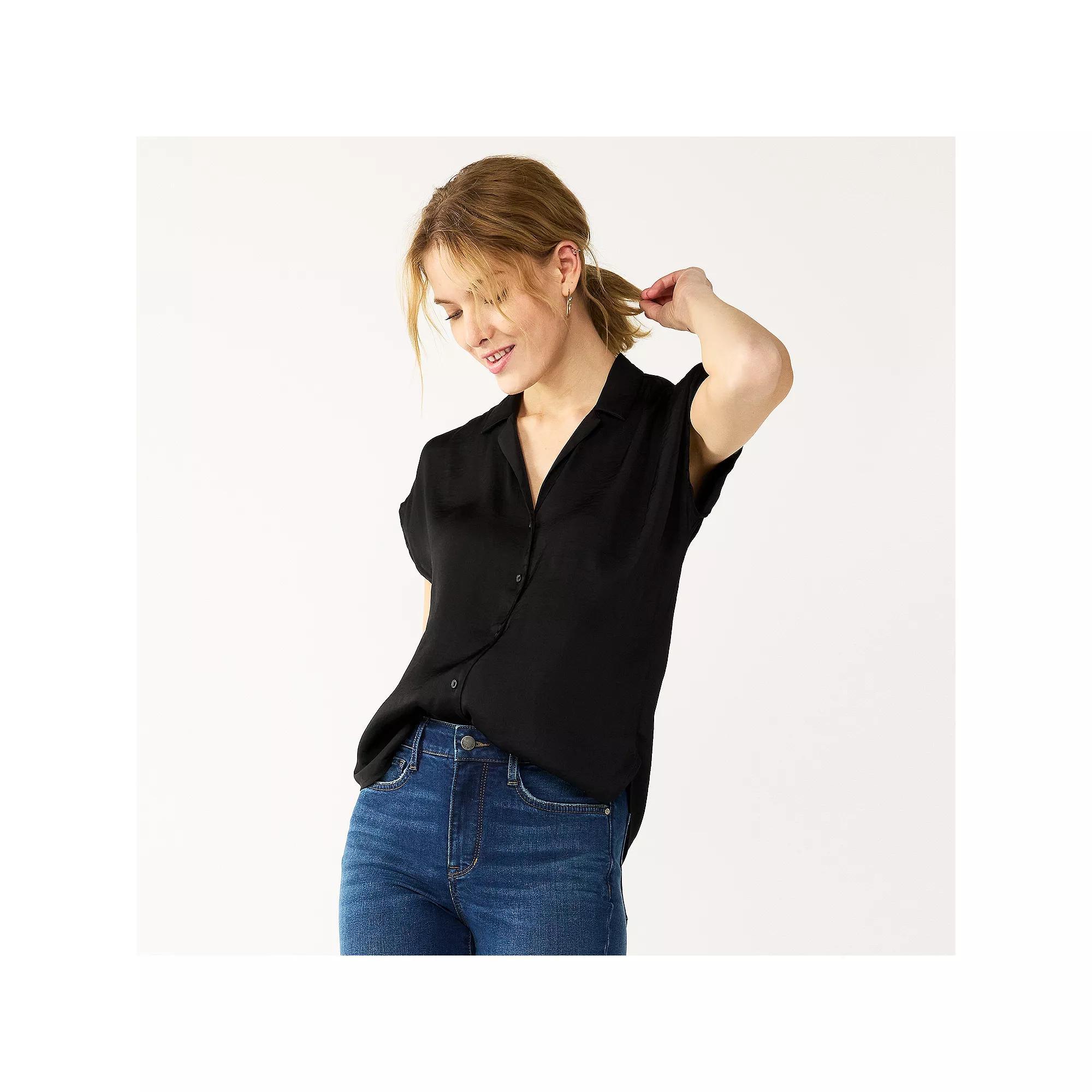 Women's Nine West Short Sleeve Easy Lapel Shirt, Size: Large, Black Product Image