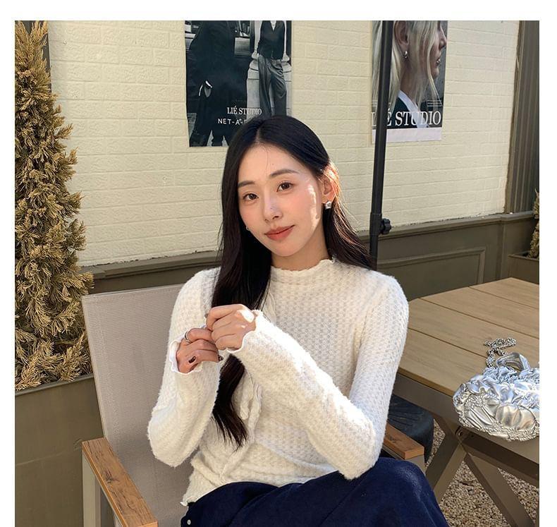 Long-Sleeve Crewneck Ribbed Plain Top Product Image