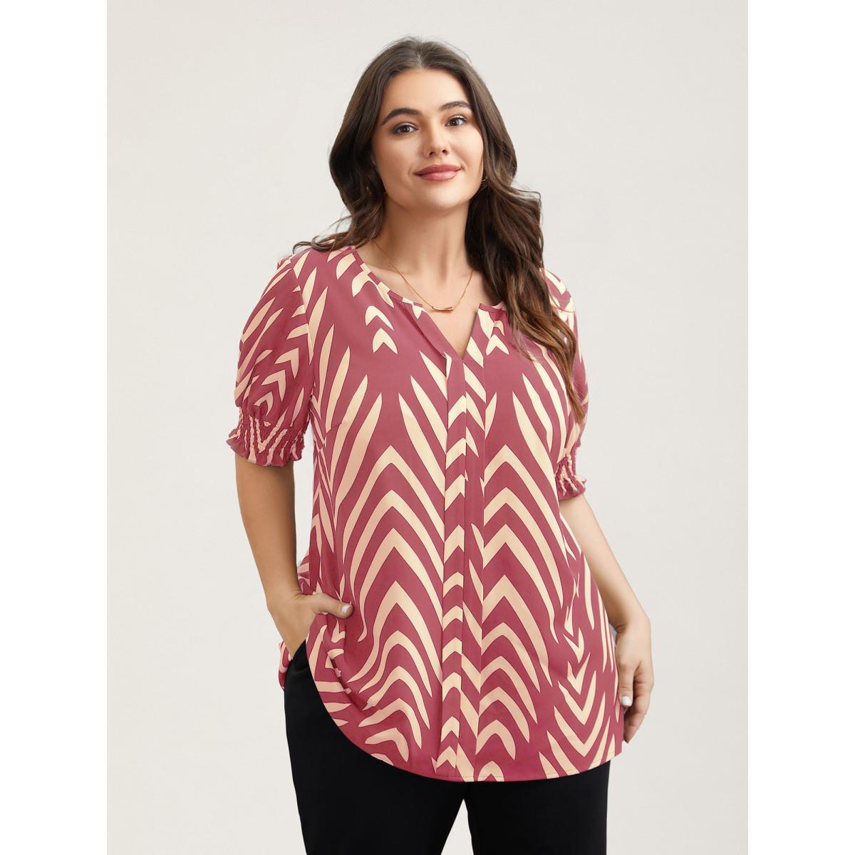 Plus Size Peach Geometric Print Ruffled Shirred Shirt Women At the Office Half Sleeve Flat collar with V-notch Work Blouses BloomChic 22-24/3X Product Image