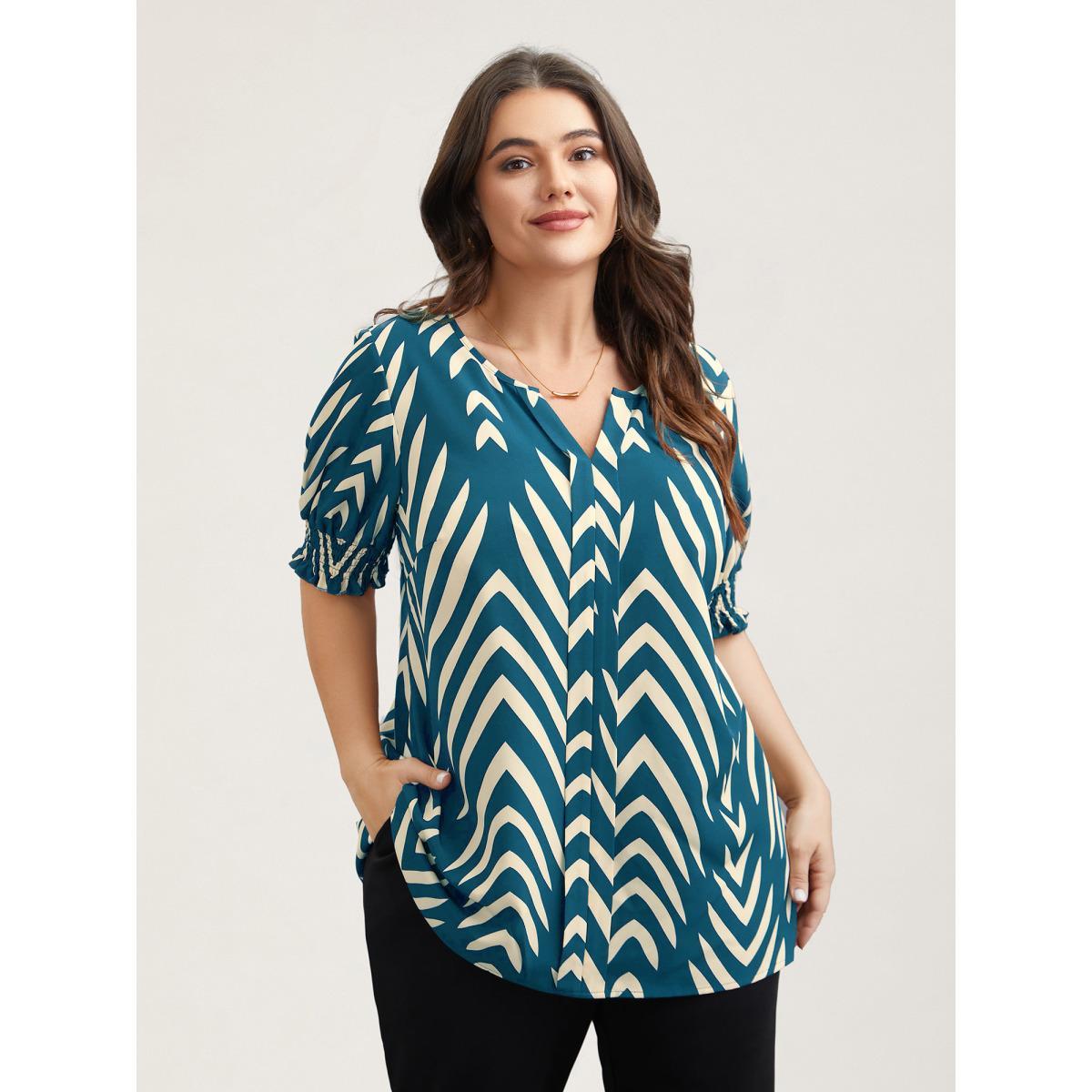 Plus Size Aegean Geometric Print Ruffled Shirred Shirt Women At the Office Half Sleeve Flat collar with V-notch Work Blouses BloomChic 28/5X Product Image