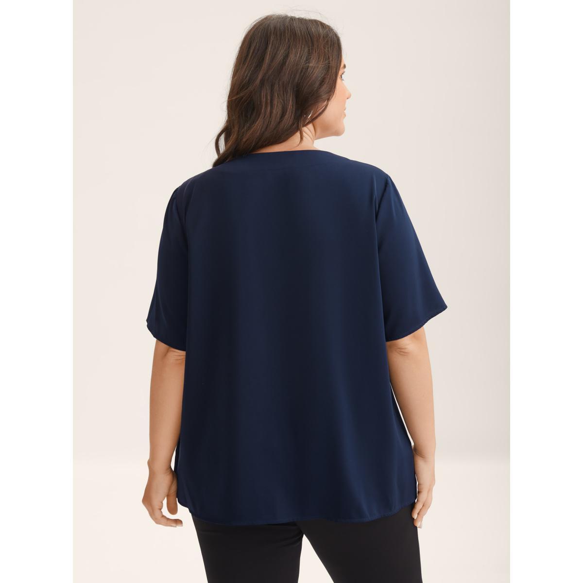 Plus Size Midnight Ribbon Neck Metallic Detail Solid Blouse Women Short sleeve Ribbon-tied collar Work Blouses BloomChic 18-20/2X Product Image