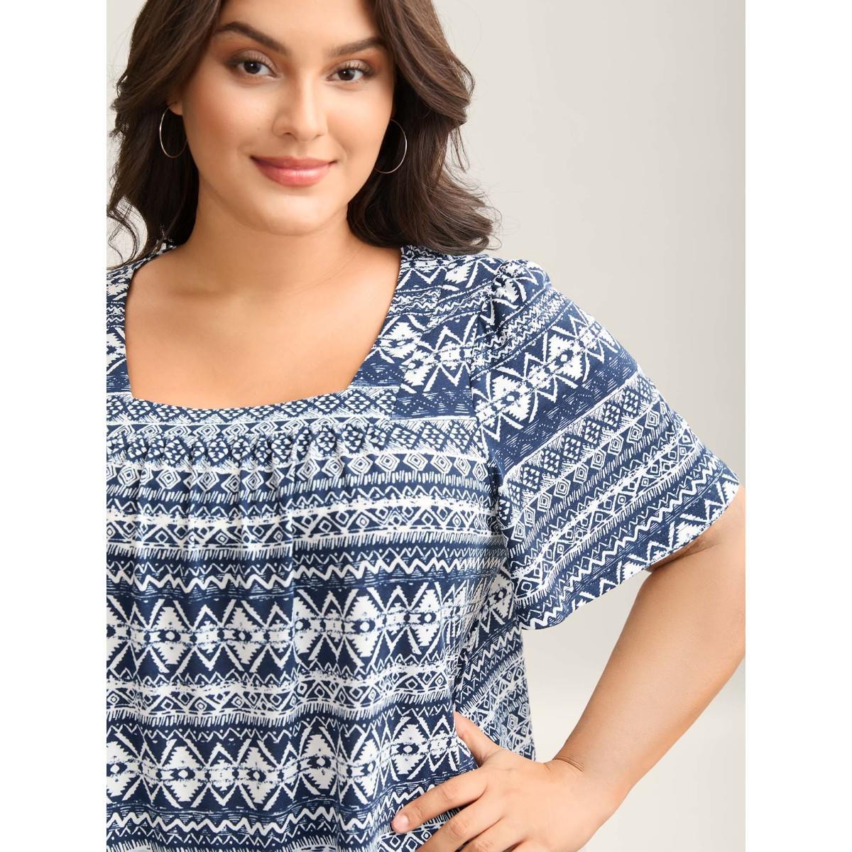 Plus Size Boho Print Square Neck T-Shirt Indigo Women Gathered Square Neck Everyday-Casual T-shirts BloomChic 12/L Product Image