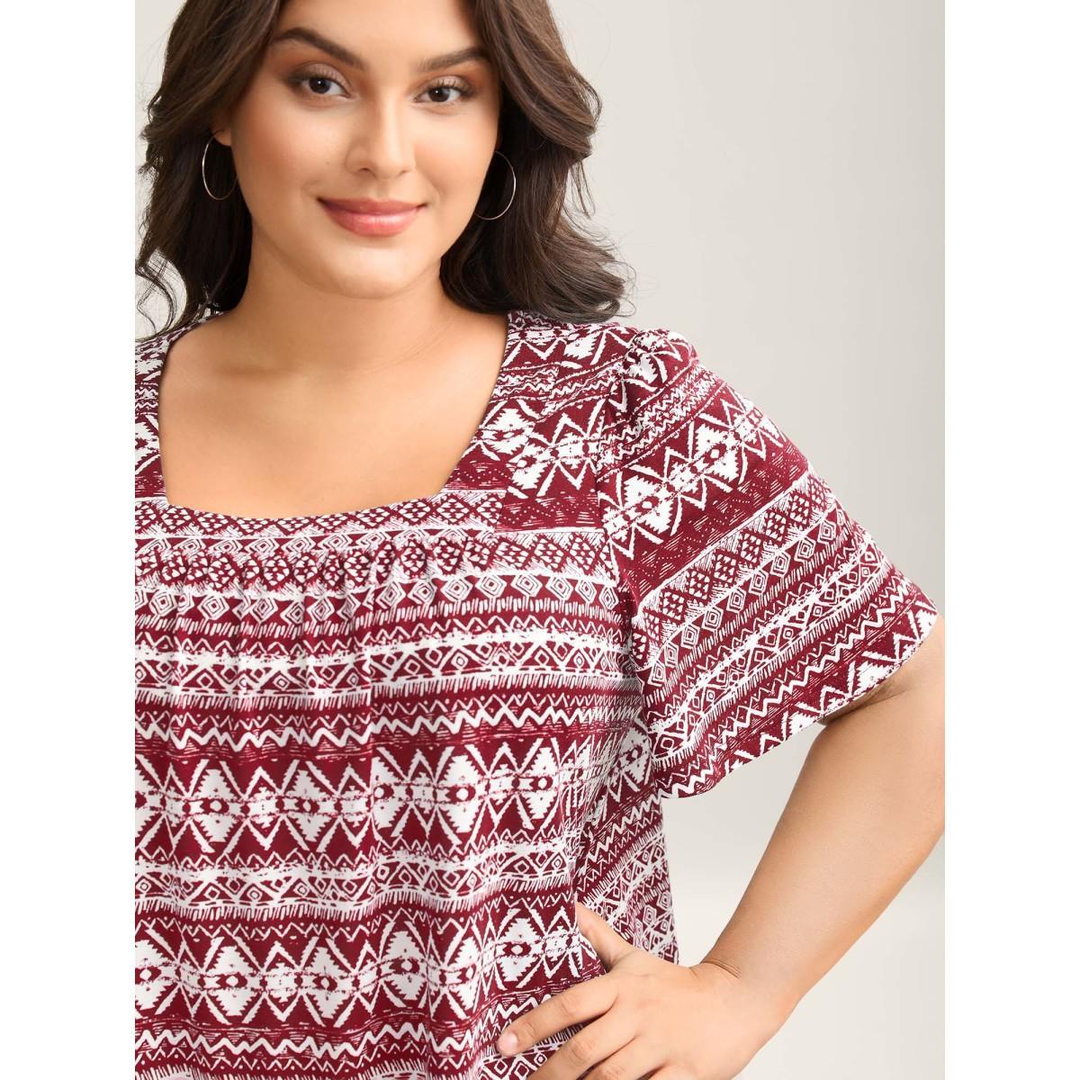 Plus Size Boho Print Square Neck T-Shirt Scarlet Women Gathered Square Neck Everyday-Casual T-shirts BloomChic 14-16/1X Product Image