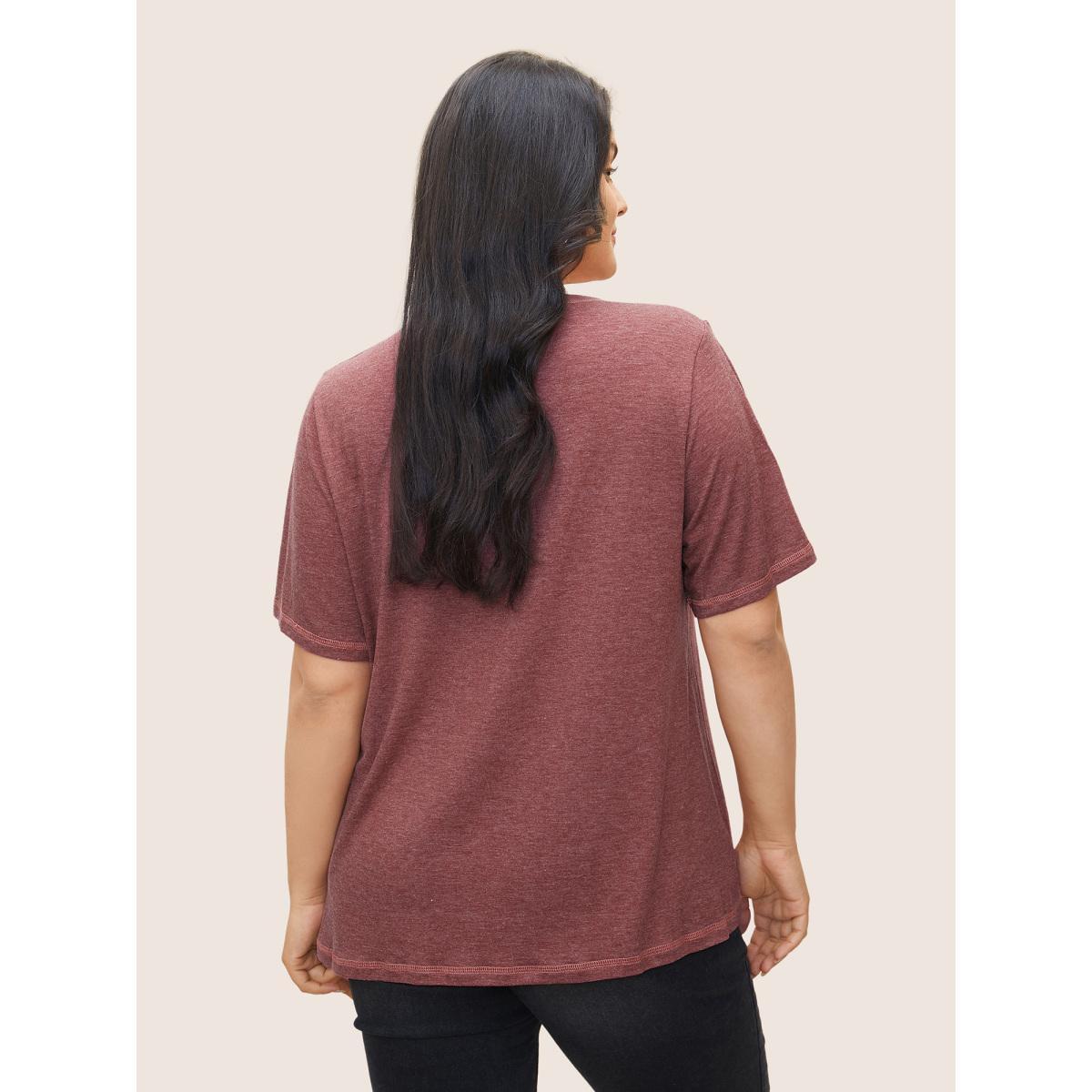 Plus Size Solid Crisscross Neck Contrast Stitch T-shirt Russet Women Casual Plain V-neck Everyday T-shirts BloomChic 14-16/1X Product Image
