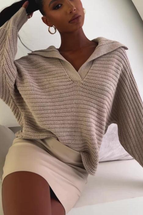 Cozy Rib Knit Collar Polo Sweater - Oatmeal Product Image