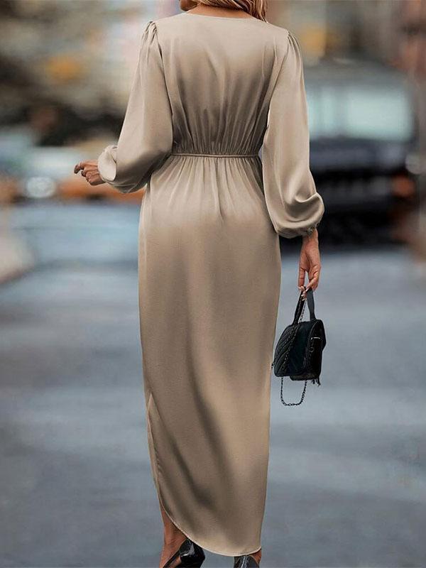 Loose Puff Sleeves Pleated Solid Color Split-Joint V-neck Midi Dresses Product Image