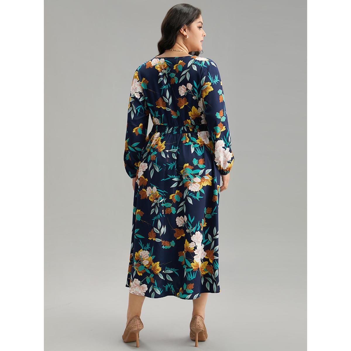 Plus Size Floral Print Shirred Lantern Sleeve Dress DarkBlue Women Elegant Elastic cuffs V-neck Long Sleeve Curvy Midi Dress BloomChic 14-16/1X Product Image