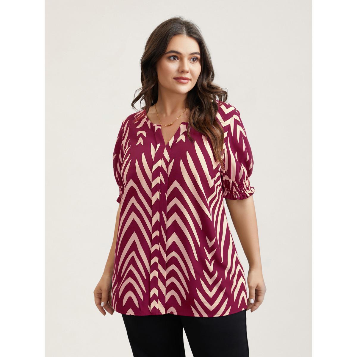 Plus Size Black Geometric Print Ruffled Shirred Shirt Women At the Office Half Sleeve Flat collar with V-notch Work Blouses BloomChic 18-20/2X Product Image