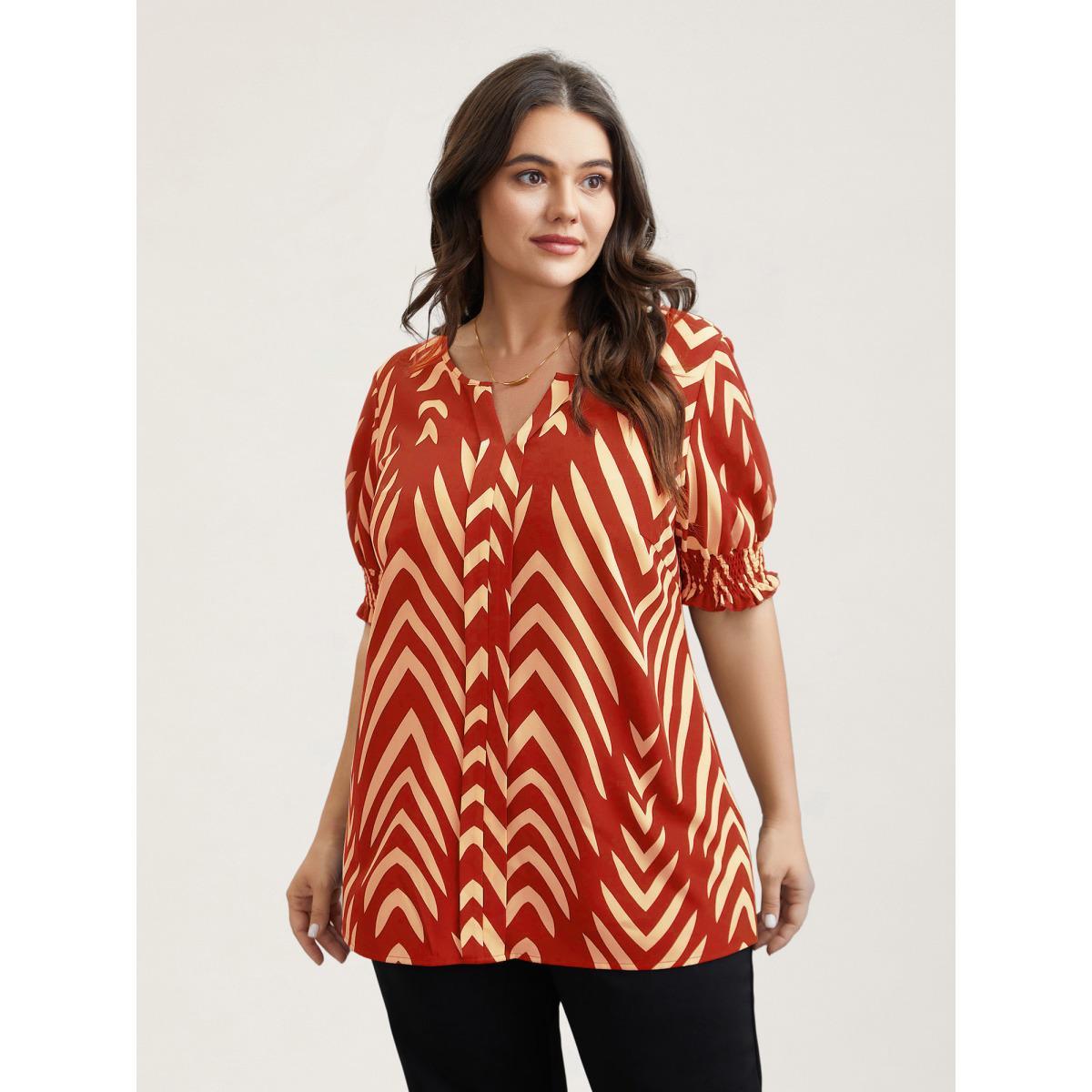 Plus Size OrangeRed Geometric Print Ruffled Shirred Shirt Women At the Office Half Sleeve Flat collar with V-notch Work Blouses BloomChic 22-24/3X Product Image