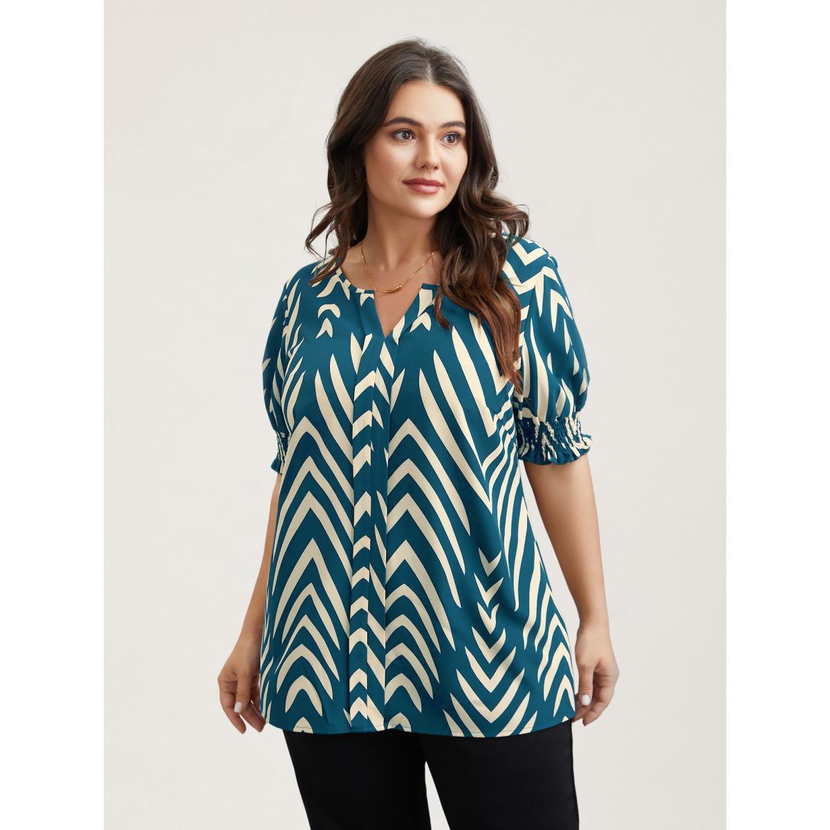 Plus Size Aegean Geometric Print Ruffled Shirred Shirt Women At the Office Half Sleeve Flat collar with V-notch Work Blouses BloomChic 26/4X Product Image