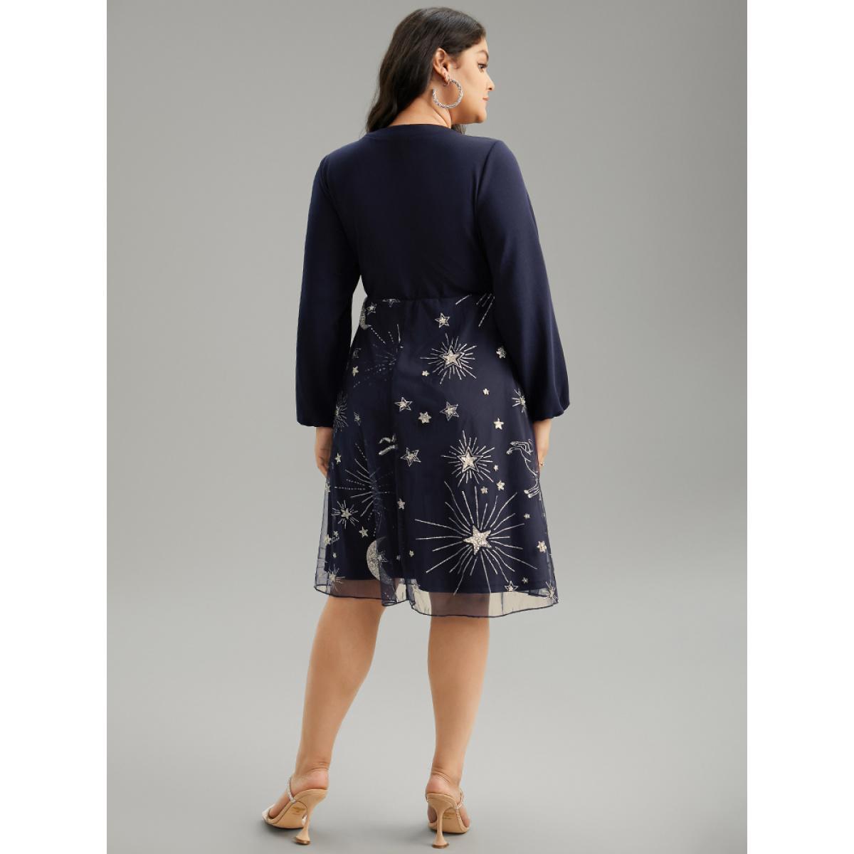 Plus Size Star Glitter Mesh Patchwork Notched Dress Midnight Women Party Elastic cuffs Notched collar Long Sleeve Curvy Midi Dress BloomChic 26/4X Product Image