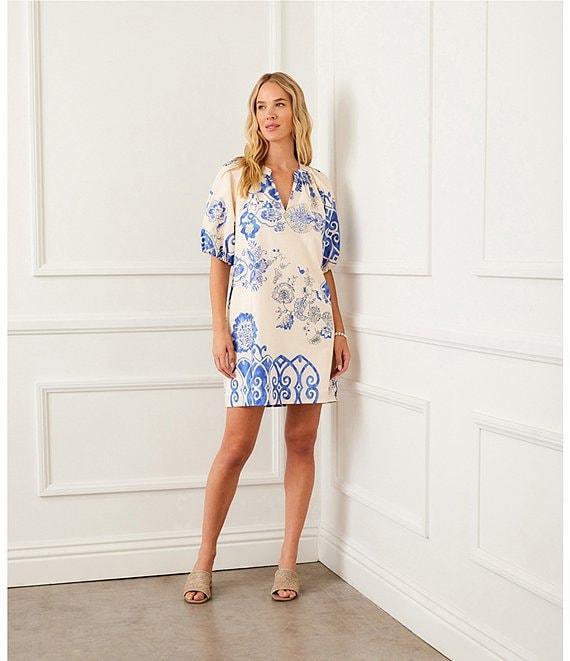 Karen Kane Printed Cotton Split Neck Puff Sleeve Shift Dress Product Image
