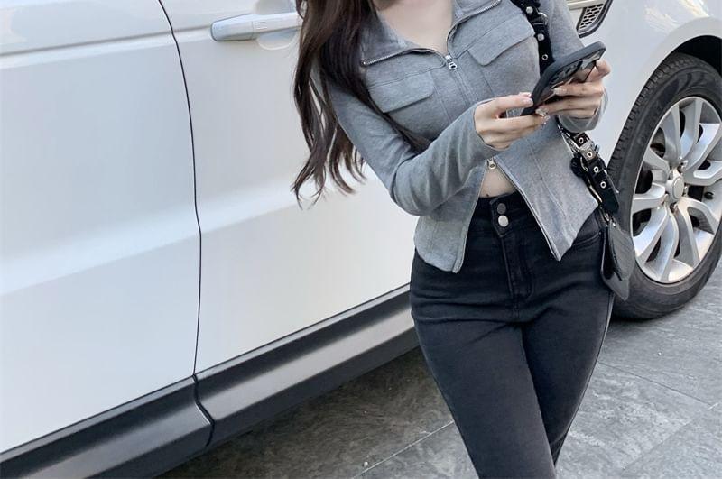 Long Sleeve Plain Zip-Up Slim-Fit Polo Top Product Image