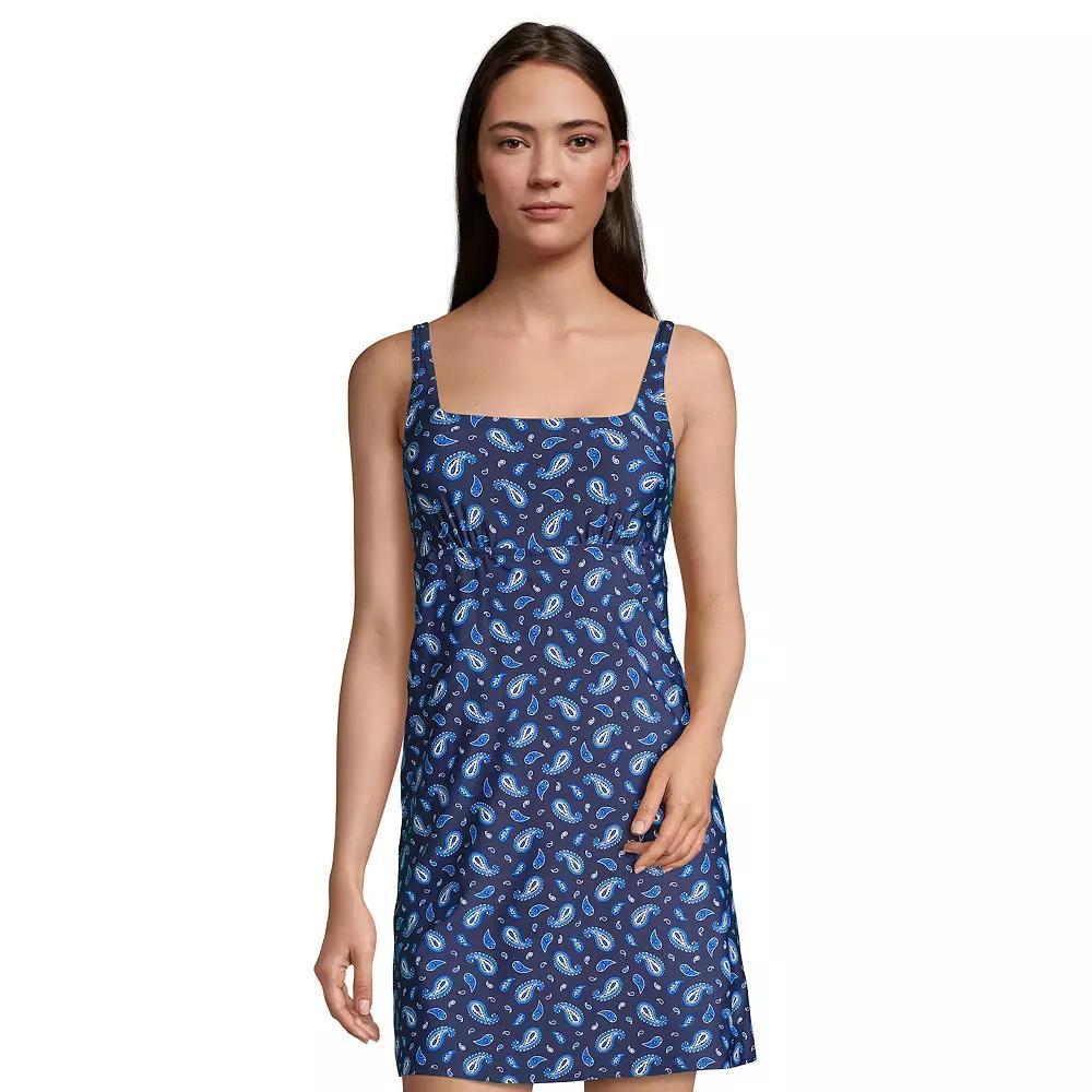Women's Lands' End Tummy Control UPF 50 Squareneck One-Piece Swim Dress, Size: 2, Deep Blue Paisley Product Image