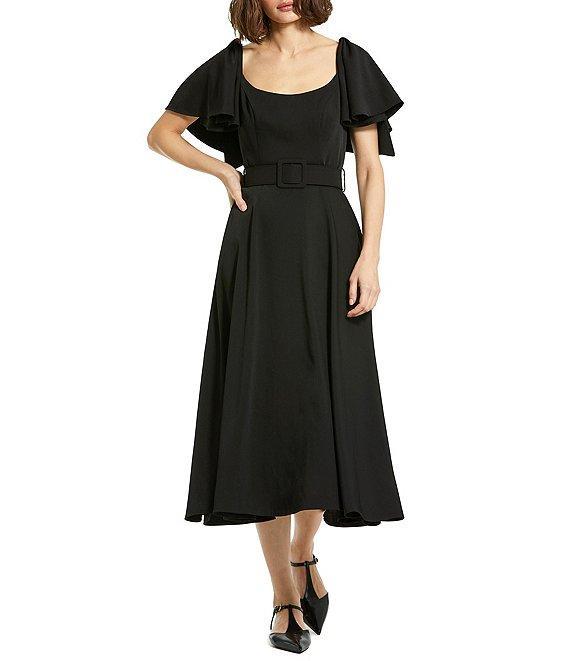 Mac Duggal Crepe Scoop Neck Short Ruffle Sleeve Belted Midi A-Line Dress Product Image