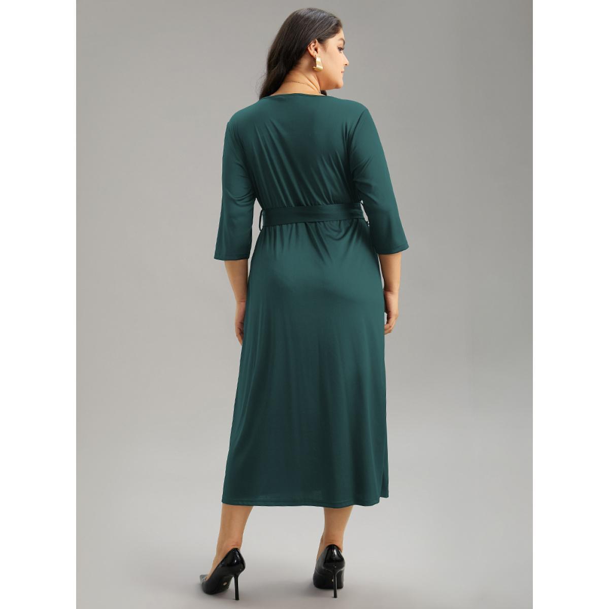 Plus Size Square Neck Metal Detail Belted Gathered Dress Cyan Women Office Plain Square Neck Elbow-length sleeve Curvy Midi Dress BloomChic 26/4X Product Image