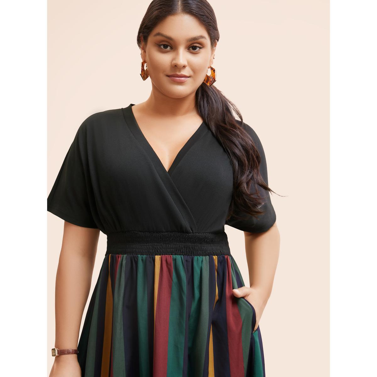 Plus Size Striped Overlap Collar Shirred Midi Dress Black Women Workwear Essentials Patchwork Overlap Collar Short sleeve Curvy BloomChic 22-24/3X Product Image