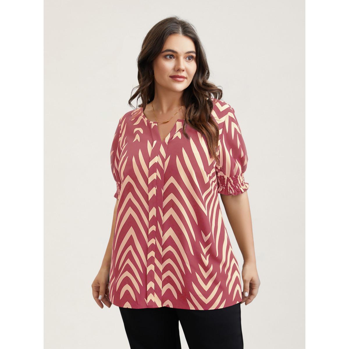 Plus Size Peach Geometric Print Ruffled Shirred Shirt Women At the Office Half Sleeve Flat collar with V-notch Work Blouses BloomChic 14-16/1X Product Image