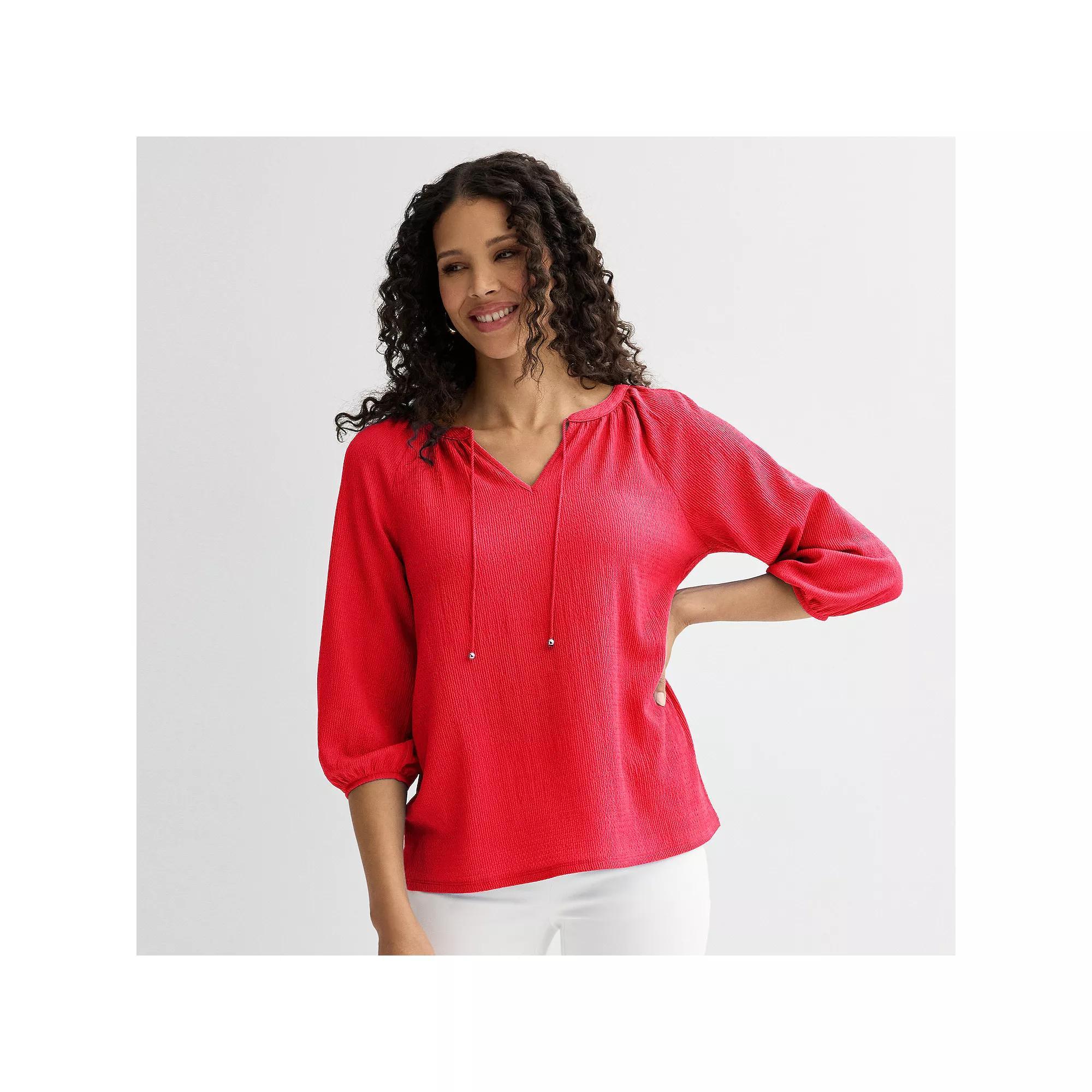 Petite Croft & Barrow® Three-Quarter Balloon Sleeve Peasant Top, Women's, Size: Large Petite, Maui Pink Product Image