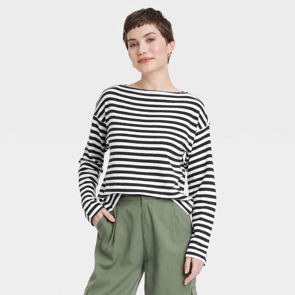 Women's Long Sleeve Boat Neck T-Shirt - Universal Thread™ Navy Blue Striped XS: Midweight Terry Fabric, Pullover Style Product Image
