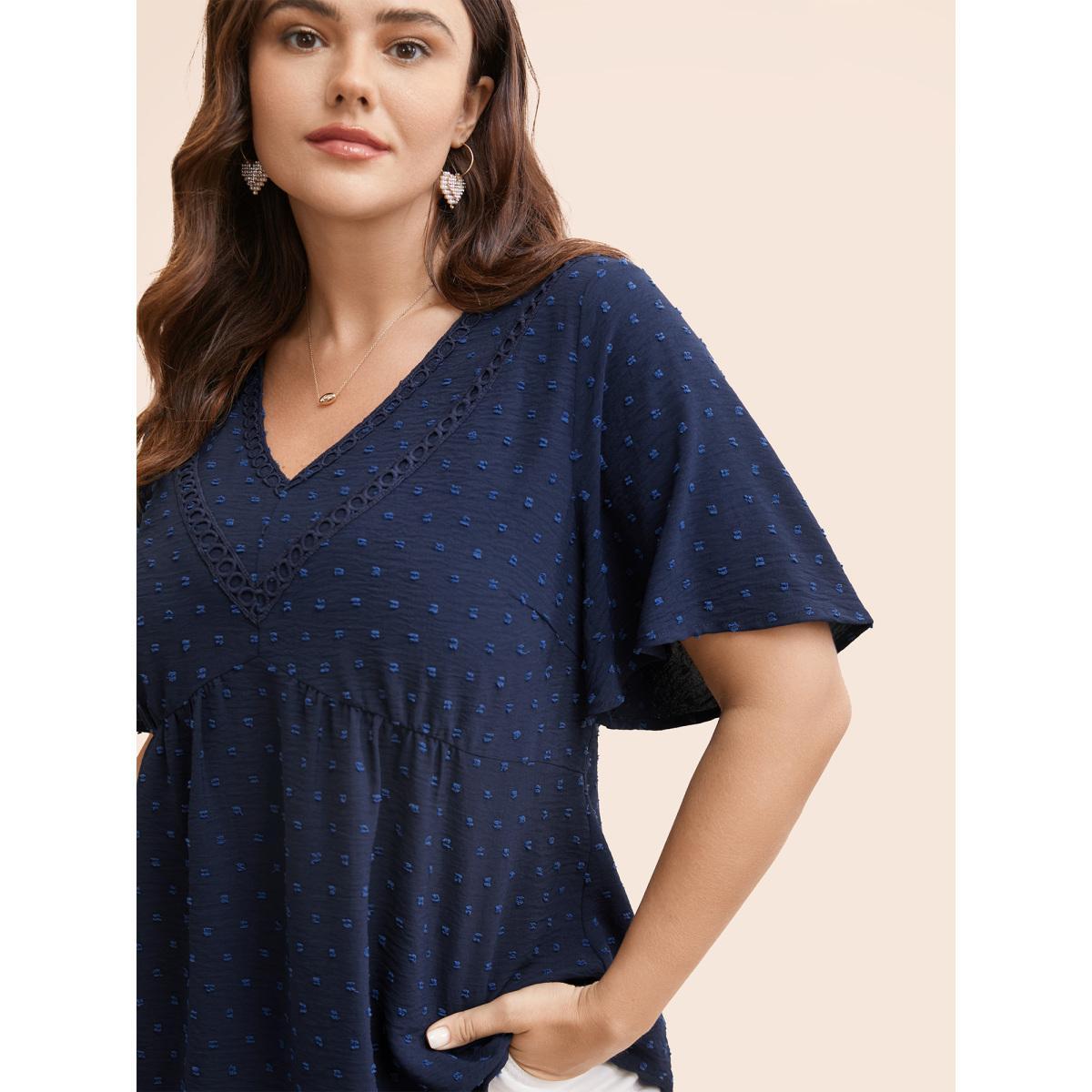 Plus Size Indigo Polka Dot Frill Trim V Neck Flutter Blouse Women Elegant Short sleeve V-neck Work Blouses BloomChic 26/4X Product Image