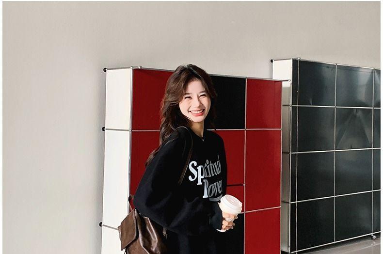 Long-Sleeve Crew Neck Lettering Mock Two-Piece Maxi Sweatshirt Dress Product Image
