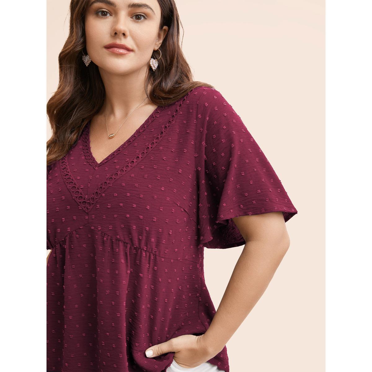 Plus Size Burgundy Polka Dot Frill Trim V Neck Flutter Blouse Women Elegant Short sleeve V-neck Work Blouses BloomChic 12/L Product Image