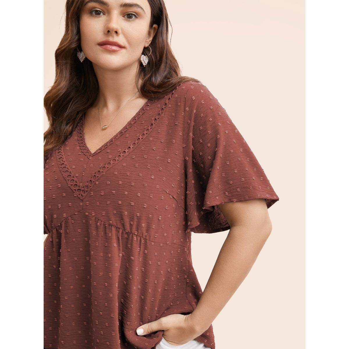 Plus Size Chocolate Polka Dot Frill Trim V Neck Flutter Blouse Women Elegant Short sleeve V-neck Work Blouses BloomChic 22-24/3X Product Image