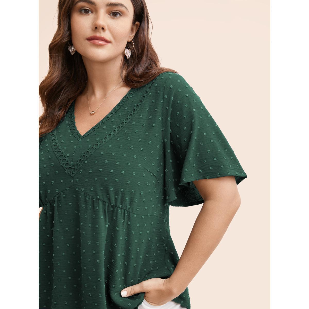 Plus Size DarkGreen Polka Dot Frill Trim V Neck Flutter Blouse Women Elegant Short sleeve V-neck Work Blouses BloomChic 18-20/2X Product Image