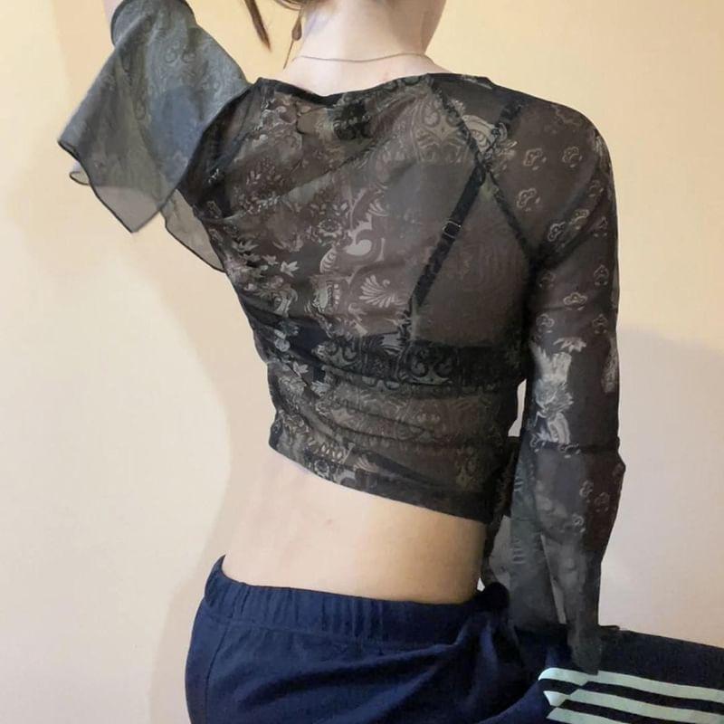 Bell Sleeve Square-Neck Tie-Front Floral Print Slim-Fit Crop Top Product Image
