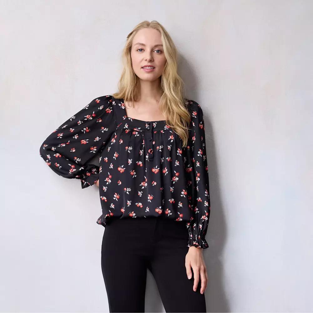 Women's LC Lauren Conrad Henley Puff Sleeve Peasant Top, Size: XS, Black Whispy Ditzy Product Image