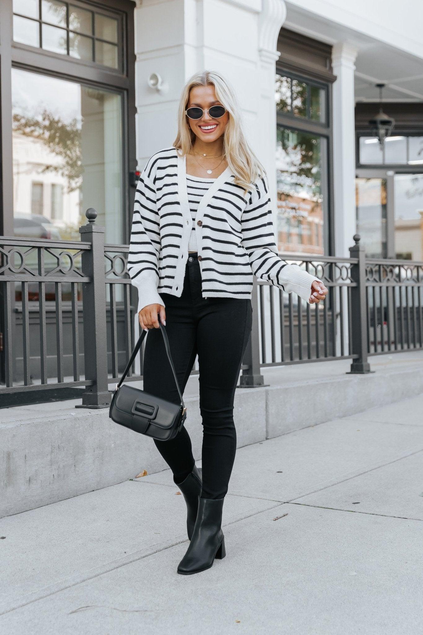 Natural And Black Striped Sweater Cardigan - FINAL SALE Female Product Image