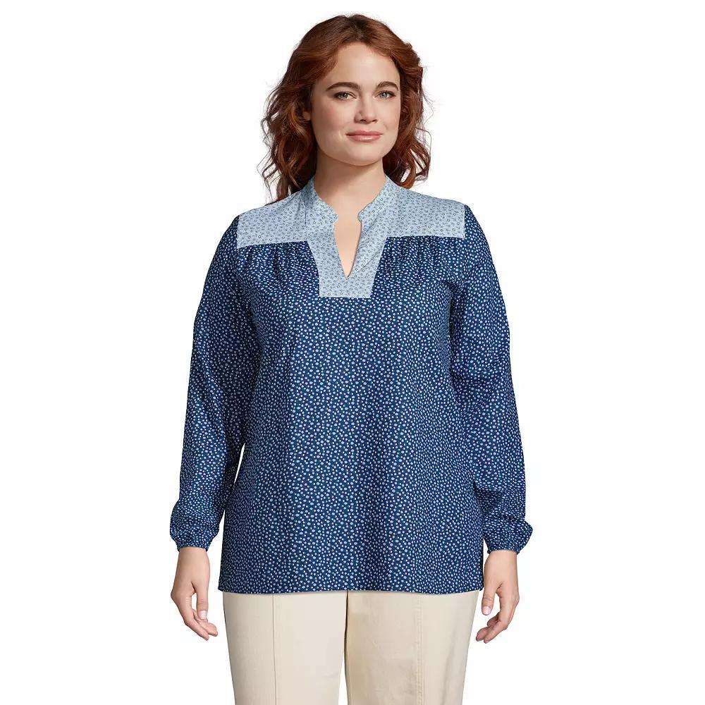 Plus Size Lands End Poplin Peasant Top, Womens Deep Blue Dot Star Product Image