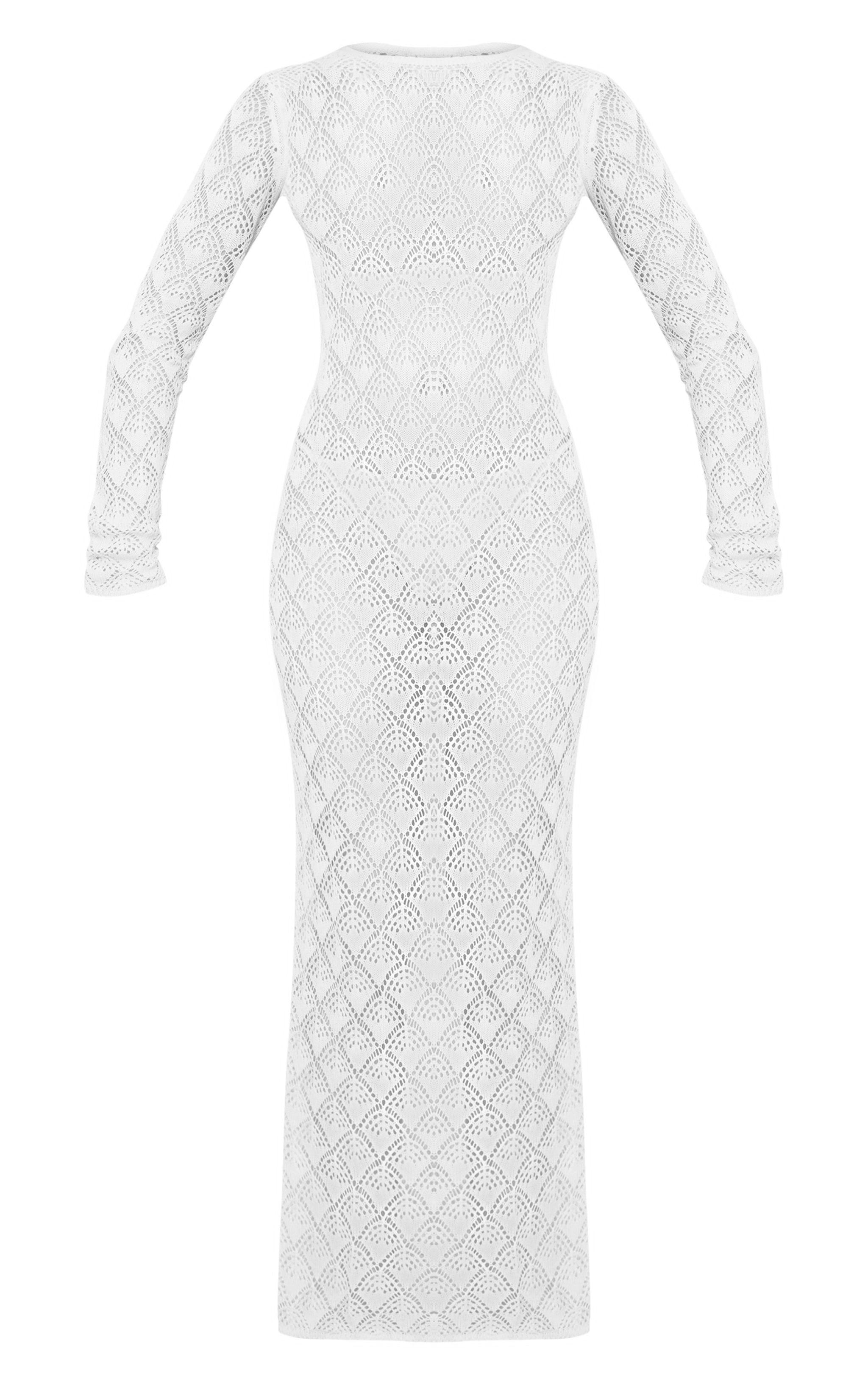 Cream Patterned Crochet Long Sleeve Maxi Dress Product Image
