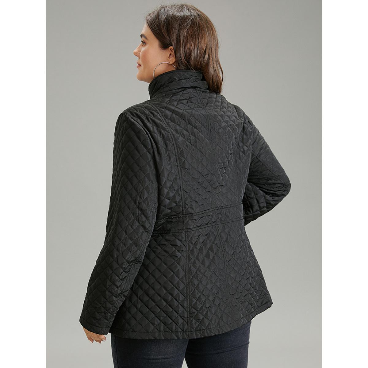 Plus Size Solid Buckle Detail Zipper Quilted Coat Women Black Casual Texture Ladies Everyday Winter Coats BloomChic 10/M Product Image