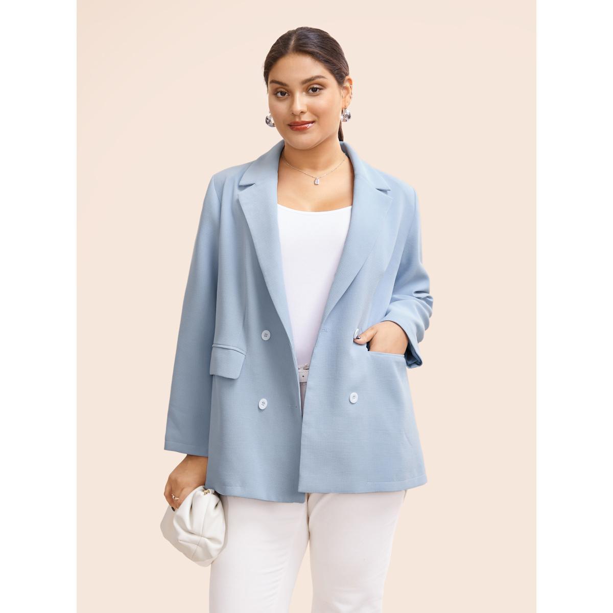 Plus Size Suit Collar Flap Pocket Back Slit Blazer LightBlue Women Everyday Button Sleeve Elbow-length sleeve Suit Collar 22-24/3X Open pocket with flap Elegant Blazers BloomChic Product Image