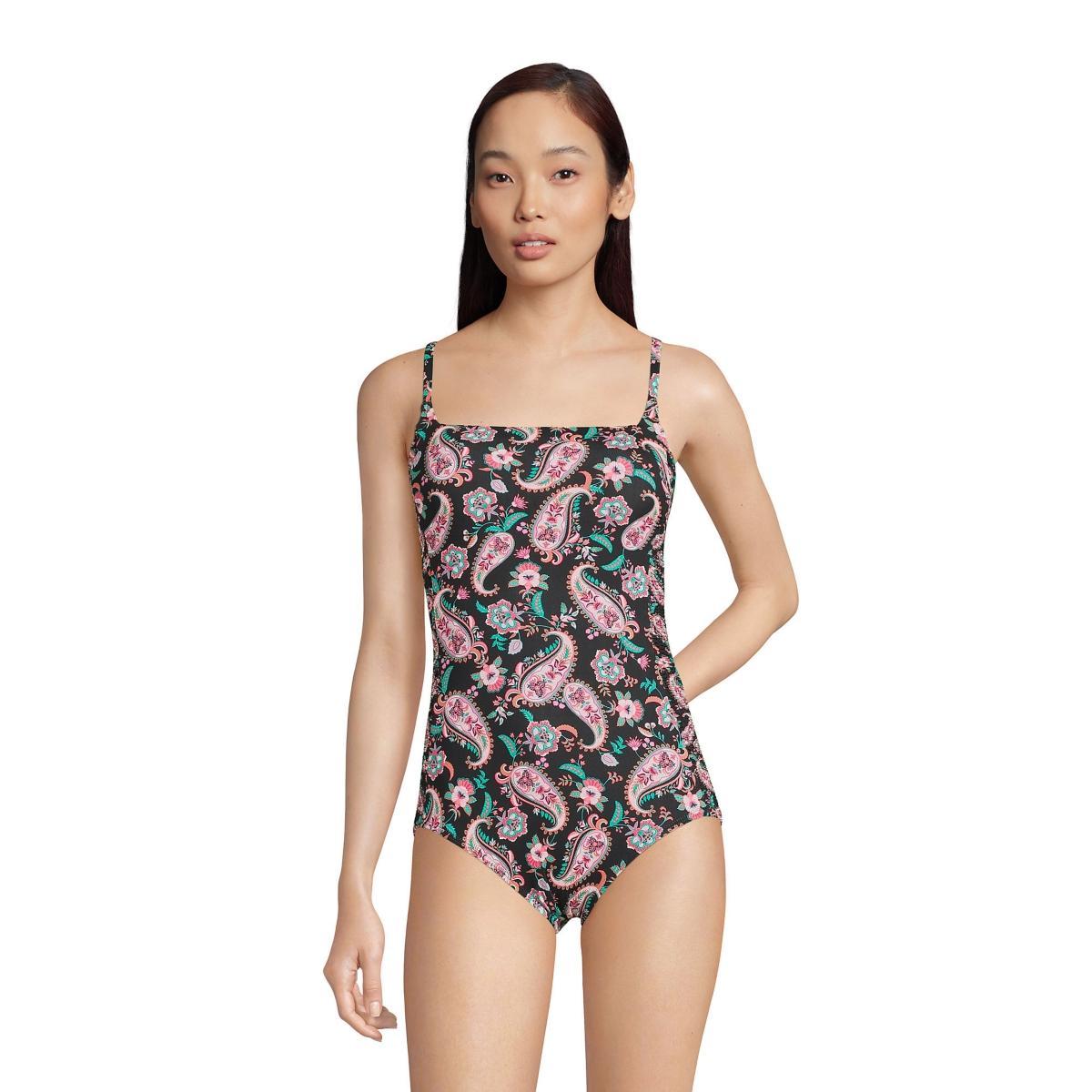 Women's Lands' End Smocked Square Neck UPF 50 One-Piece Swimsuit, Size: Small, Black Paisley Floral Product Image
