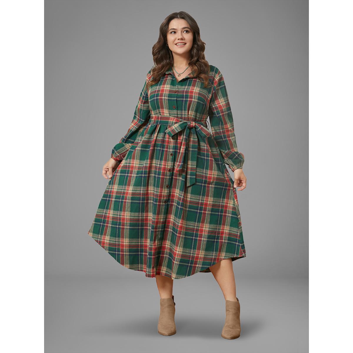 Plaid Plus Size Women Dailywear Midi Dress Pocket Slightly Stretchy Lantern Sleeve Long Sleeve Shirt Collar Pocket Belt Elegance Dresses BloomChic Product Image