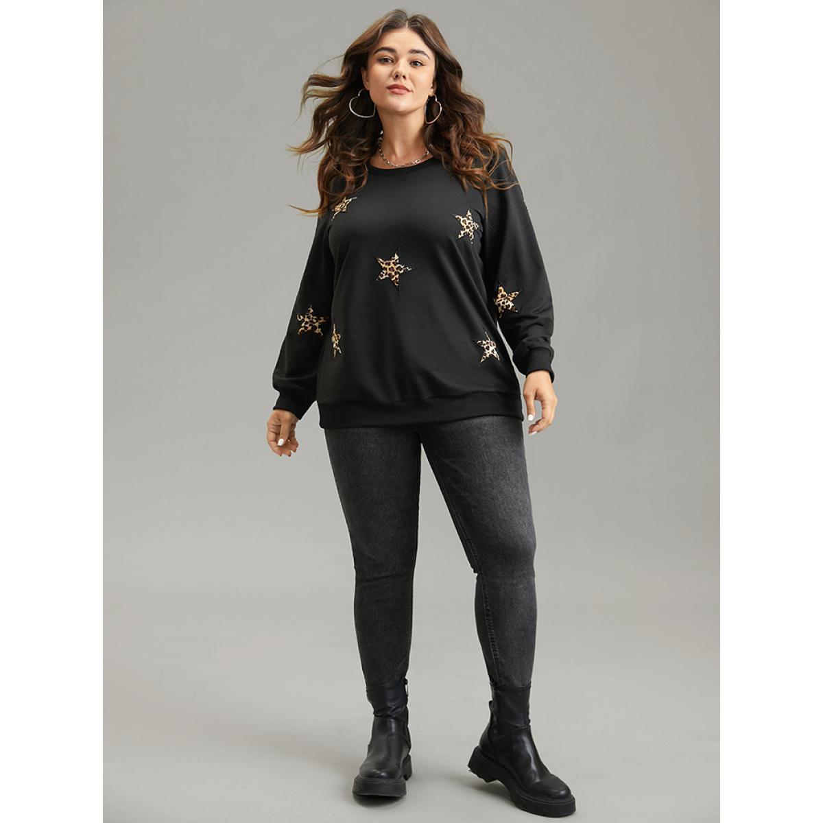 Plus Size Leopard Star Rib Knit Crew Neck Sweatshirt Women Black Casual Rib Knit Round Neck Dailywear Sweatshirts BloomChic 14-16/1X Product Image
