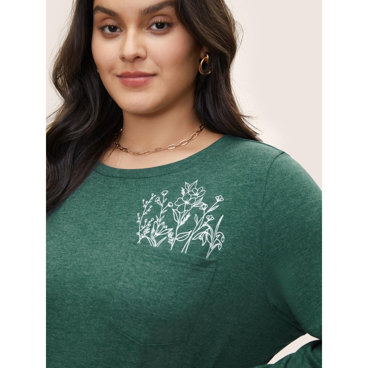 Plus Size Floral Print Heather Patched Pocket Sweatshirt Women Green Casual Non Round Neck Everyday Sweatshirts BloomChic 10/M Product Image