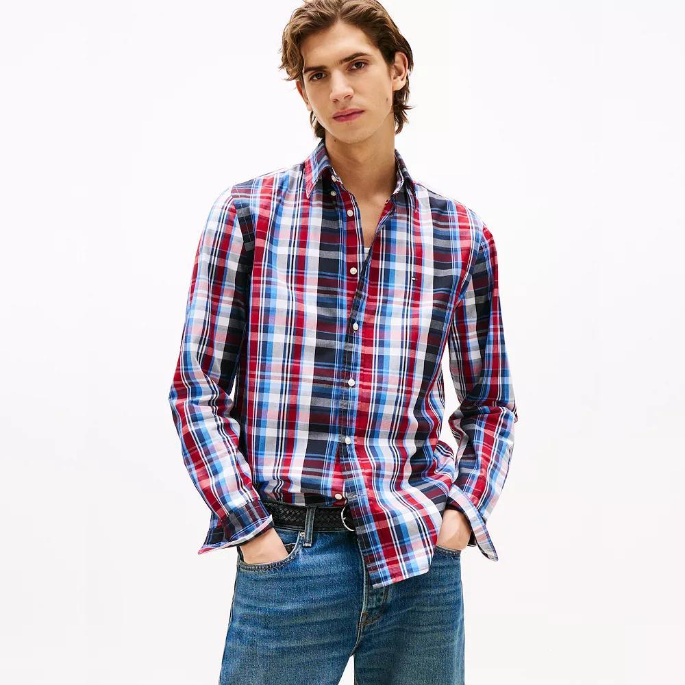 Men's Tommy Hilfiger Long Sleeve Check Flex Poplin Shirt, Size: Large, Red Check Product Image