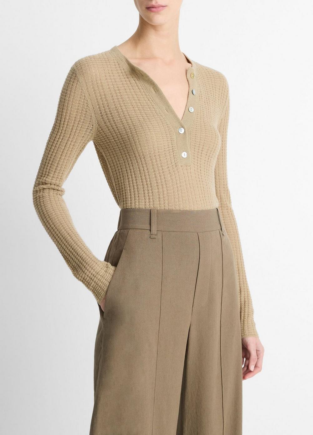 Womens Waffle-Knit Cashmere-Silk Henley Sweater, White Sand, Size S Vince Product Image